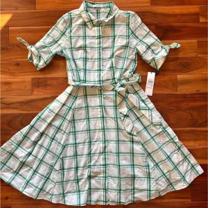 Calvin Klein Green &amp; White Plaid Shirtwaist Dress – Size 14 (BNWT)